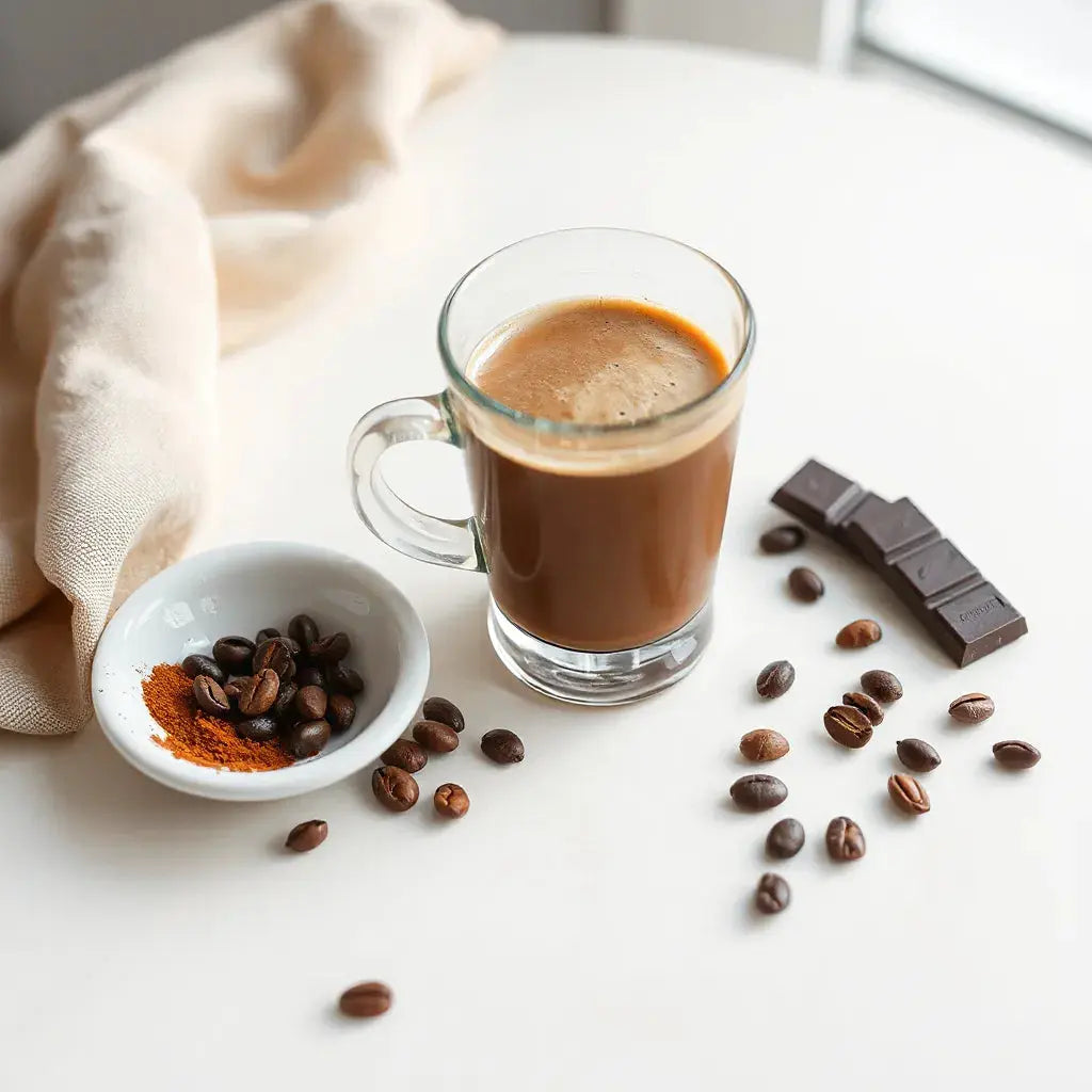 Mocha coffee in a glass with cocoa dust, coffee beans, and dark chocolate on a neutral background
