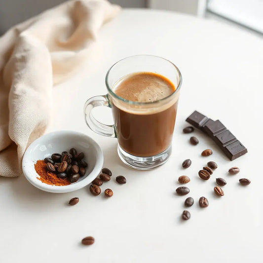 Mocha coffee in a glass with cocoa dust, coffee beans, and dark chocolate on a neutral background
