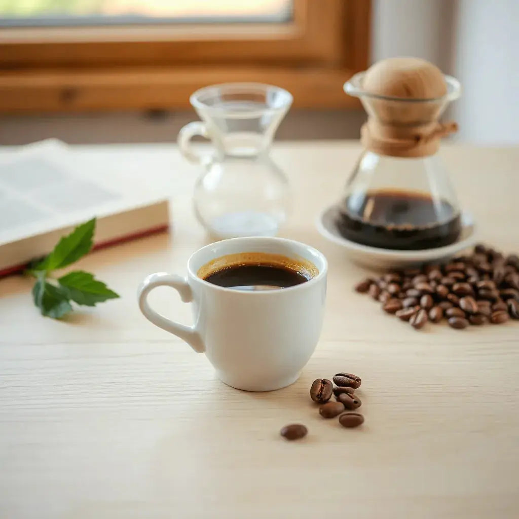 Cup of freshly brewed coffee with whole beans and simple brewing tools in soft natural light