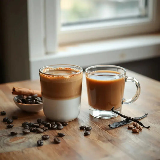 A cup of flavored coffee with cinnamon, coffee beans, caramel, and vanilla on a wooden table