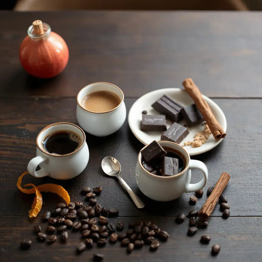 Three specialty coffee cups with tasting spoon, coffee beans, and small pairing ingredients on a wooden table
