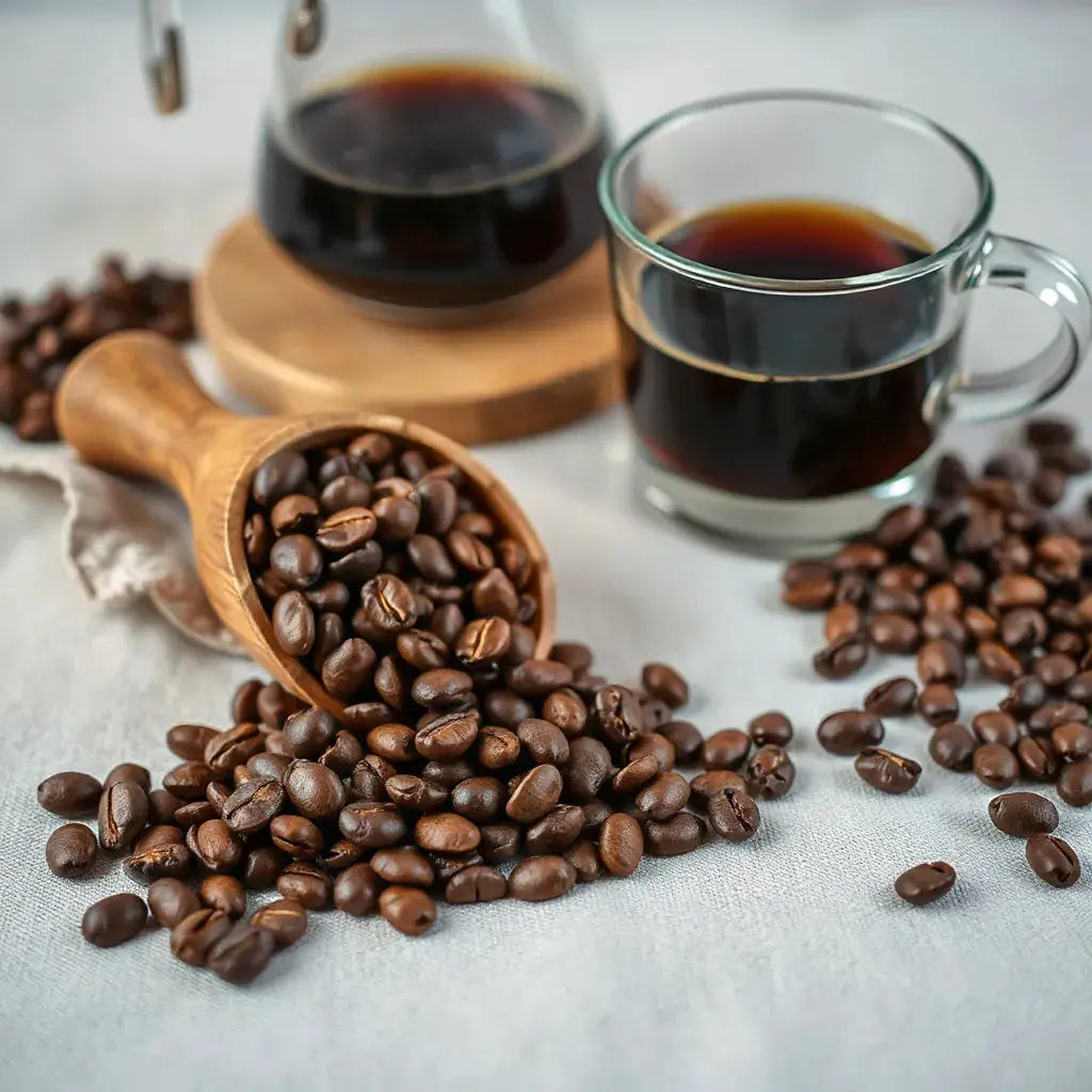 Fresh coffee beans spilled from a wooden scoop with a pour-over and dark cup softly blurred behind
