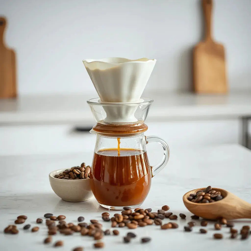 Pour-over coffee with flowing brew, ceramic dripper, and freshly ground beans on a clean countertop