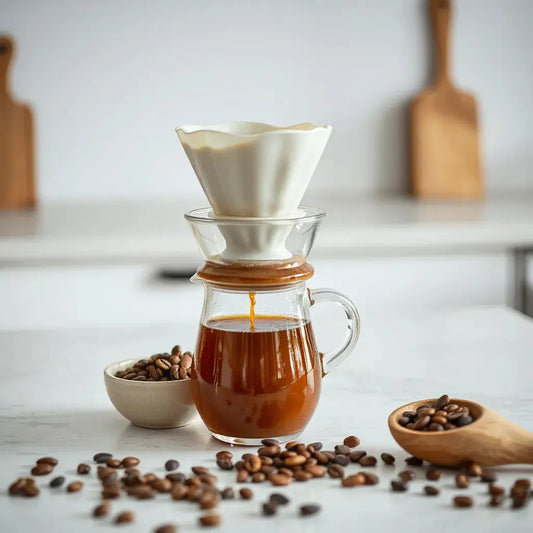 Pour-over coffee with flowing brew, ceramic dripper, and freshly ground beans on a clean countertop