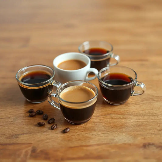 Assorted cups of brewed coffee with distinct colors and coffee beans on a wooden table