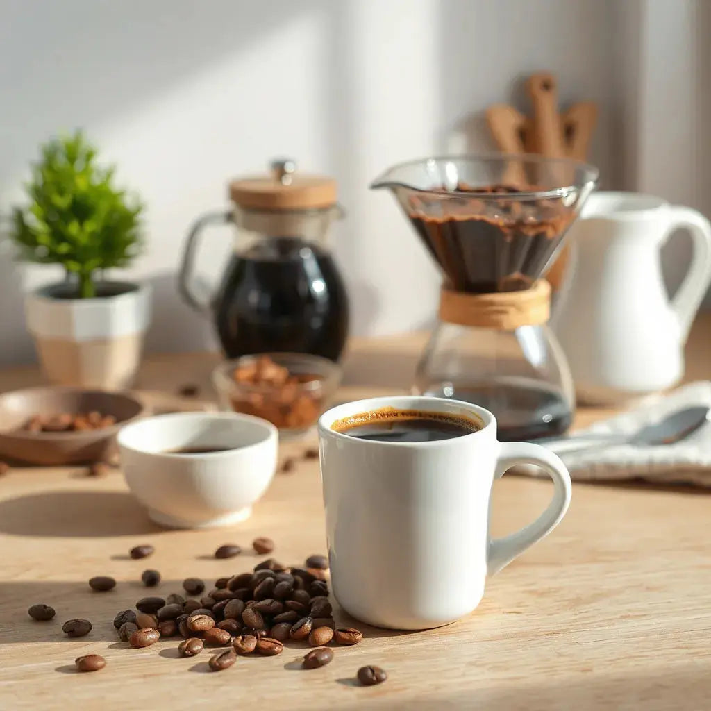 Fresh cup of coffee beside beans and a pour-over dripper on a wooden countertop