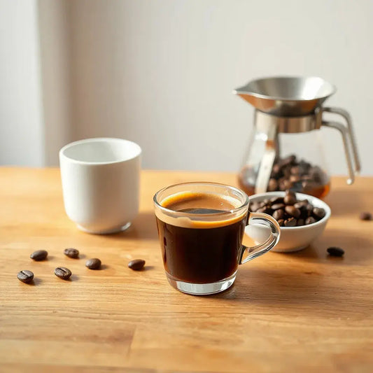 A tasting cup of specialty coffee with whole beans and a pour-over dripper on a wooden counter