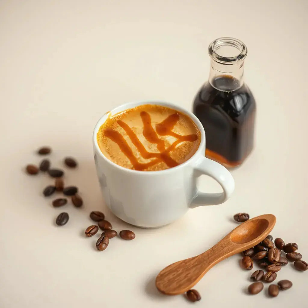 Warm caramel-drizzled coffee in a cup with caramel syrup and coffee beans on a neutral background
