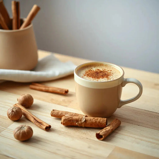 Cup of cinnamon hazelnut coffee with cinnamon sticks and hazelnuts on a wooden table