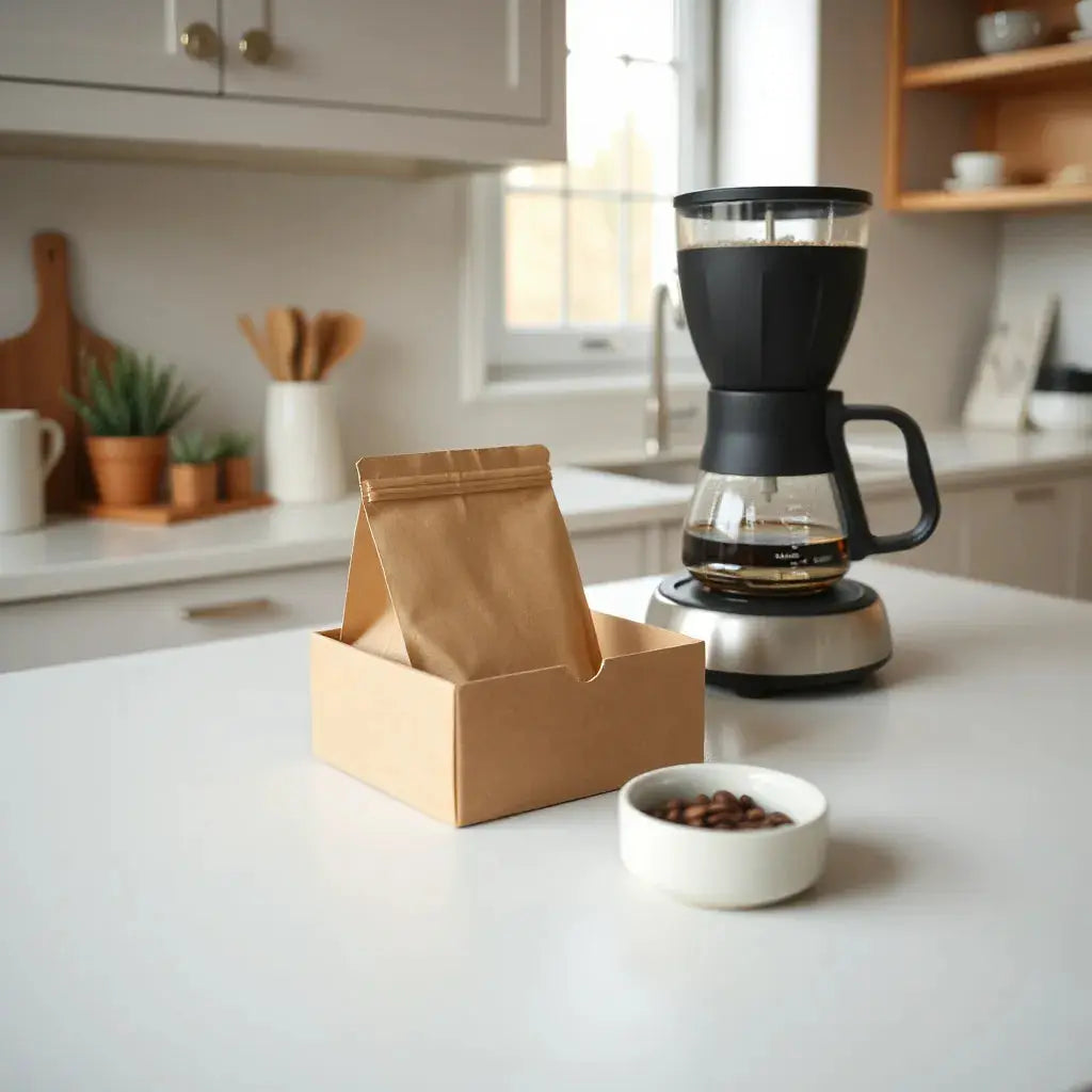 Coffee subscription setup on a kitchen counter with beans, a brewer, and neatly packed coffee supplies