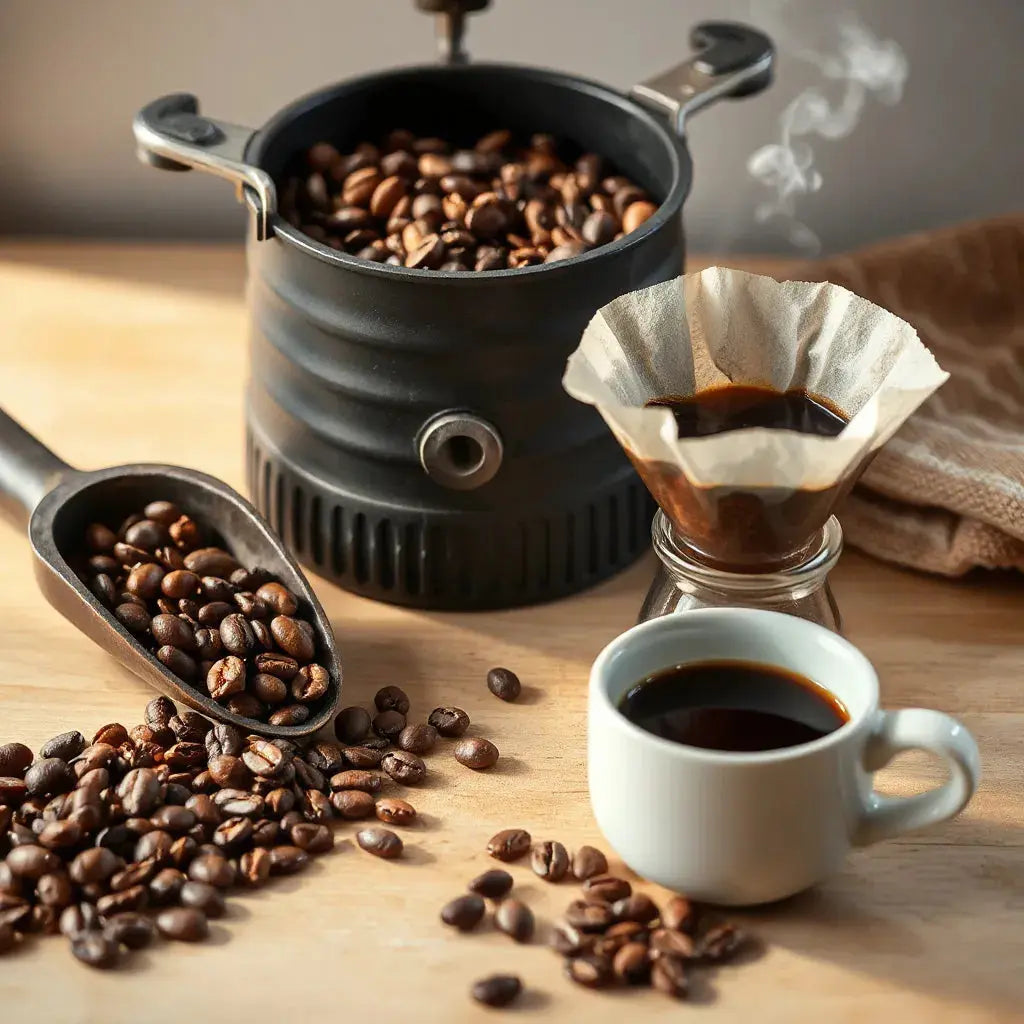 Freshly roasted coffee beans beside a pour-over dripper and steaming cup on a wooden counter