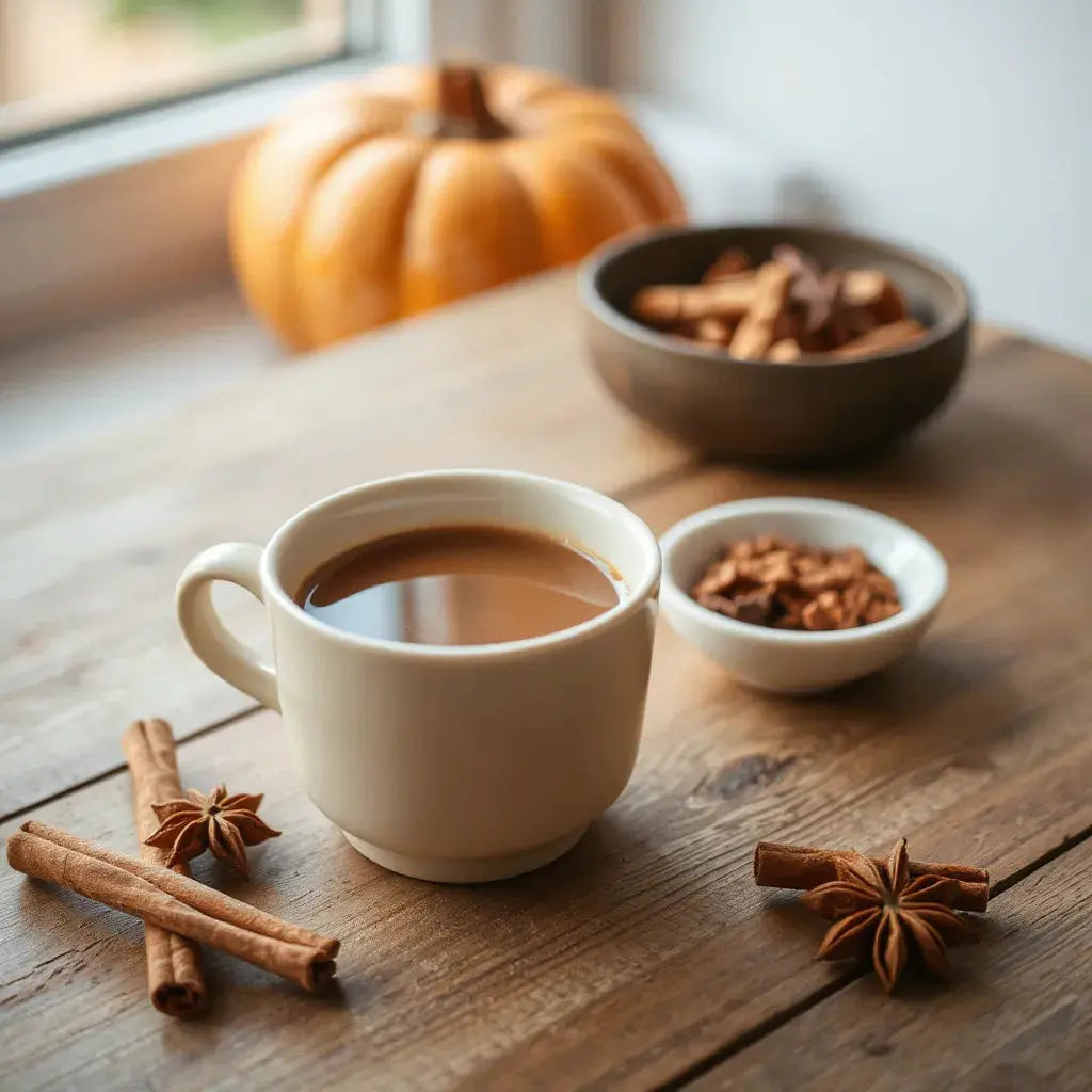 A warm cup of pumpkin spice coffee with cinnamon sticks and spices on a wooden table