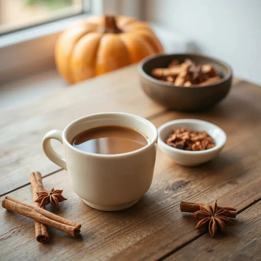 A warm cup of pumpkin spice coffee with cinnamon sticks and spices on a wooden table