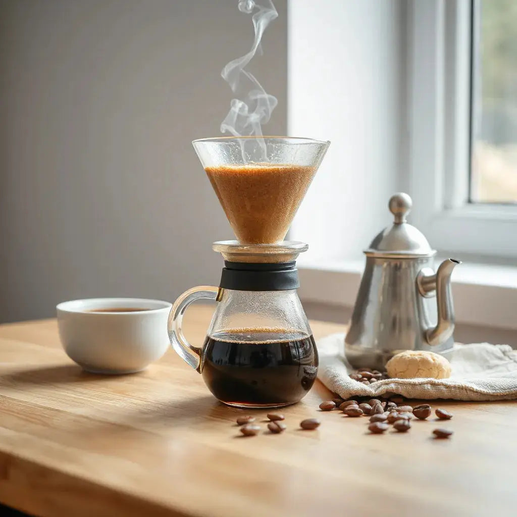 Pour-over handcrafted coffee with steaming brew, kettle, and freshly ground beans on a wooden counter