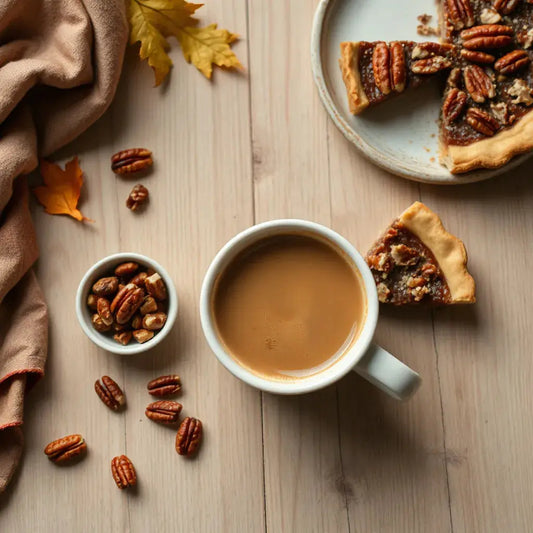 Coffee cup with a slice of pecan pie and chopped pecans on a wooden table
