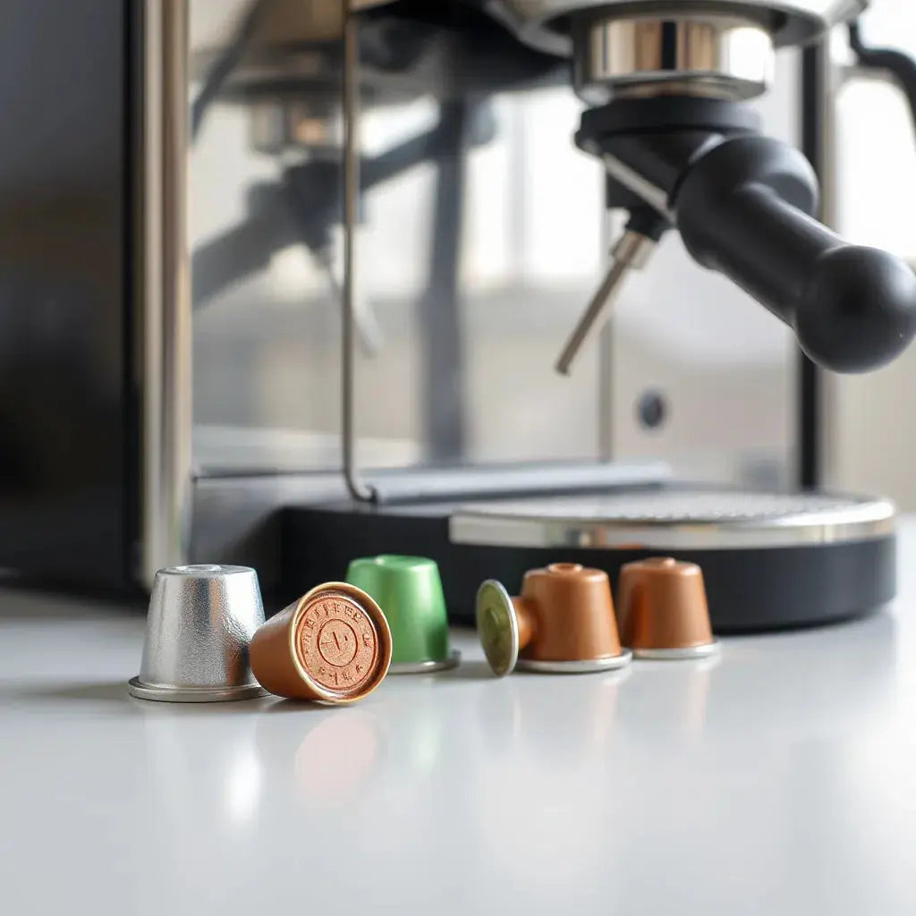 Coffee capsules arranged beside an espresso machine for a quick, compatible brew
