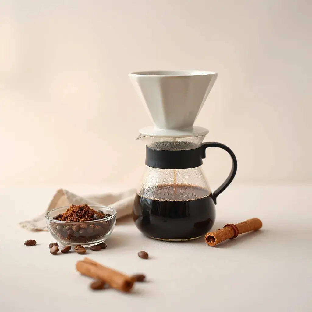 Pour-over dripper brewing gourmet coffee with fresh beans on a neutral countertop