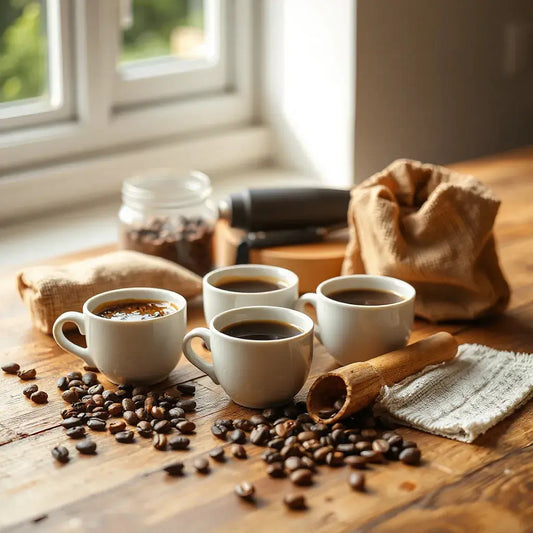 Three cups of coffee with crema beside a burlap coffee bean sack and a wooden scoop